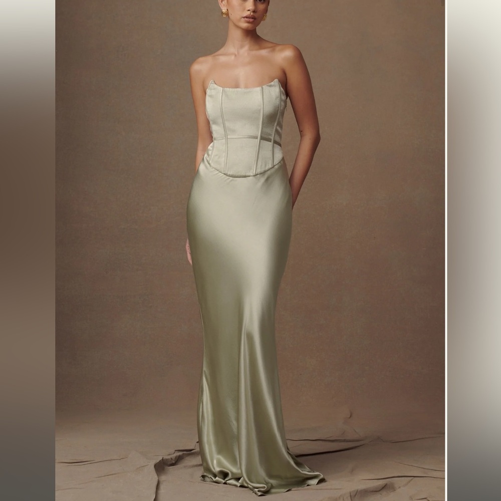 Meshki Harlow Satin Strapless Maxi Dress in Sage